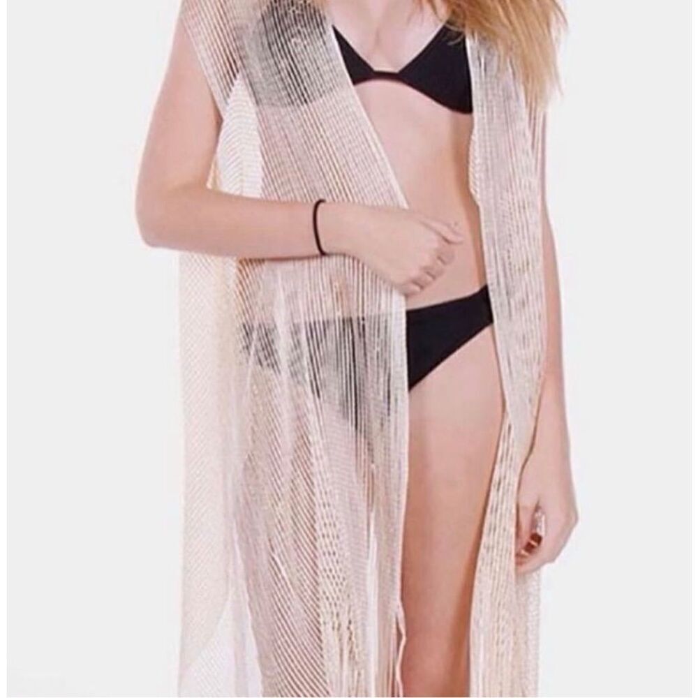 New in Package Womens Gold Fringe Beach Semi-Sheer Swim Coverup Kimono - Sz OS